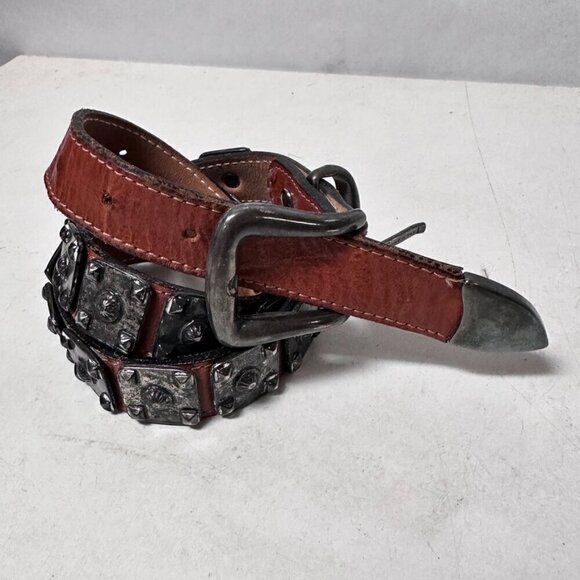 Black Leather Studded Belt Metal Size Small Waist 23-28" Repoussé Punk Rock VTG - Picture 5 of 7